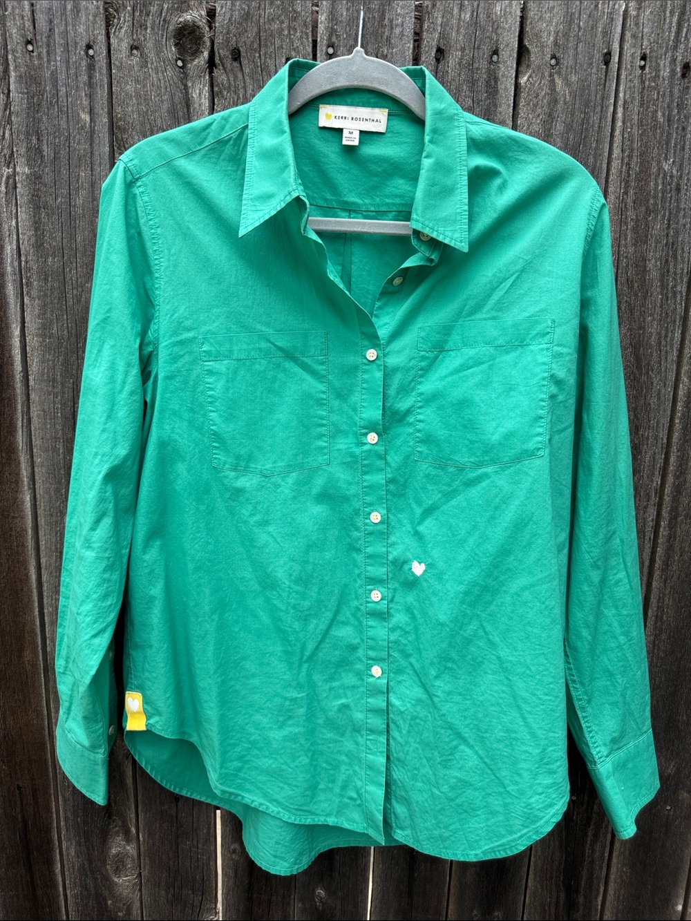 Kerri Rosenthal Green Button-Up Shirt with Yellow Heart Detail